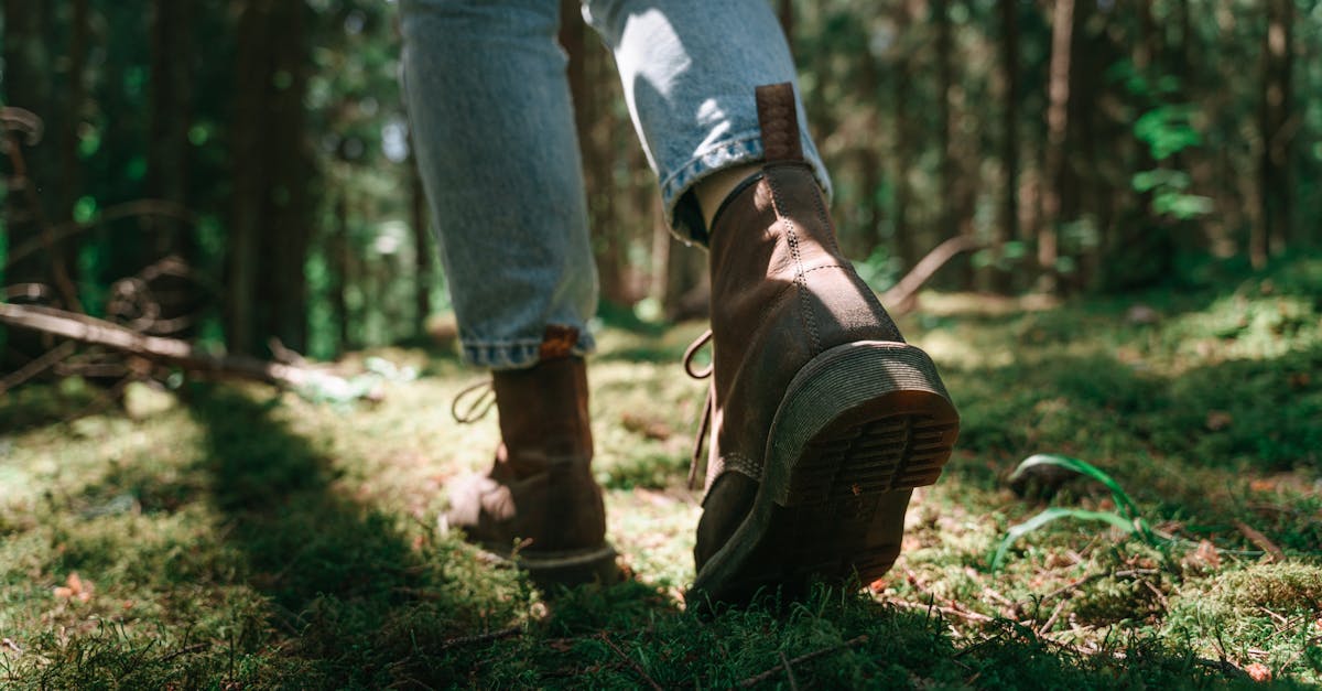 Explore nature with this close-up shot of a hiker's boots navigating a lush forest trail.